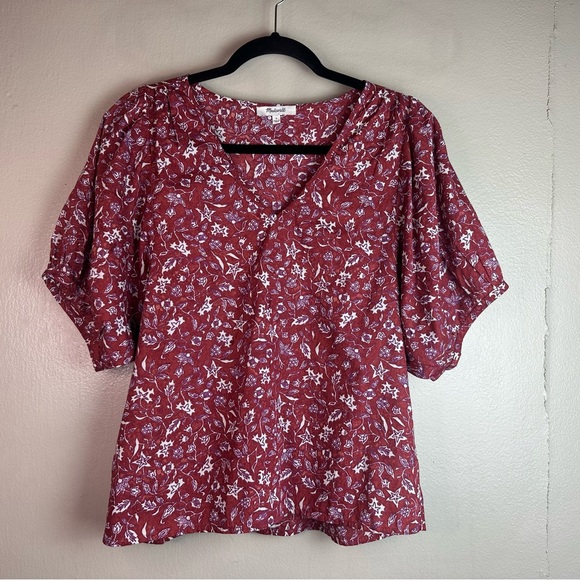 Madewell V-Neck Puff Sleeve Top in Batik Vine Weathered Brick Sz Sm - Picture 3 of 9
